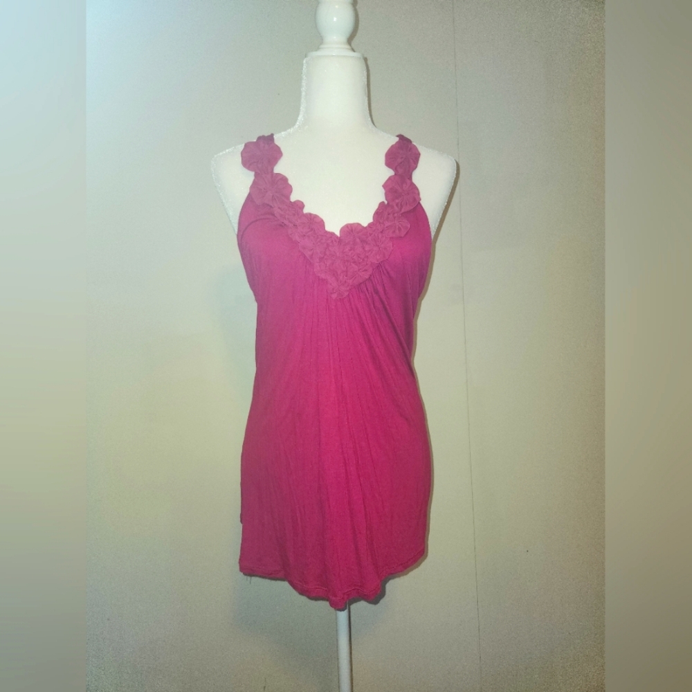 Fuschia Hot Bright Rose Pink Y2k Chiffon Embellished Halter Top Large L EUC